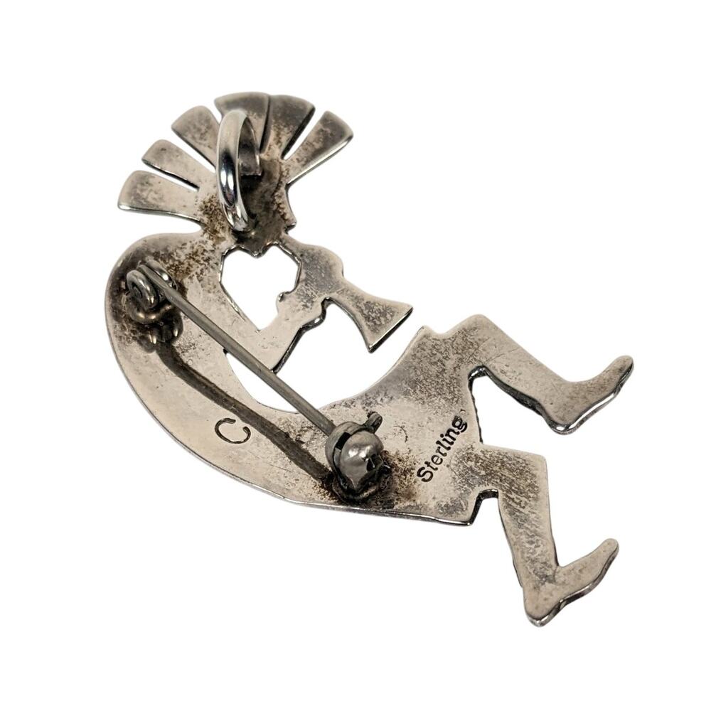 Vintage Sterling Silver Onyx Native American Signed C Kokopelli Pendant Brooch - Picture 5 of 7